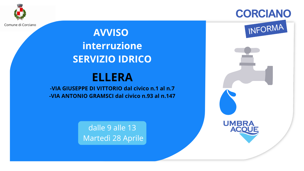 Avviso di interruzione servizio idrico dalle 9 alle 13 di Marted� 28 Aprile - Ellera